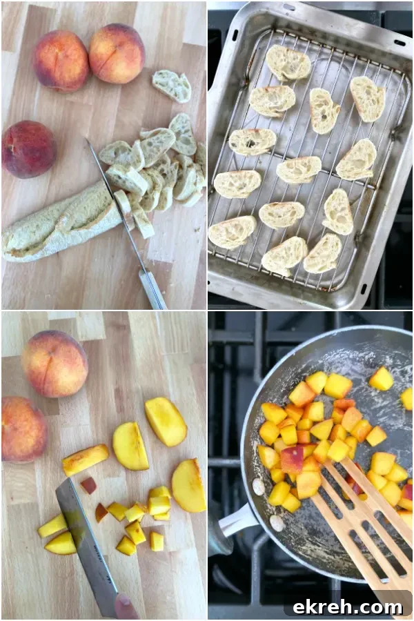 photo collage showing how to make roasted peach crostini: slice baguette and toast, chop peaches and roast or pan fry