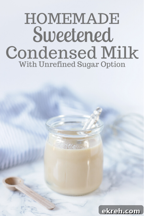 Homemade Sweetened Condensed Milk Recipe 2 Homemade sweetened condensed milk in a glass jar with an antique spoon in it. A wooden spoon is sitting next to the jar and a blue and white stripped towel in the back