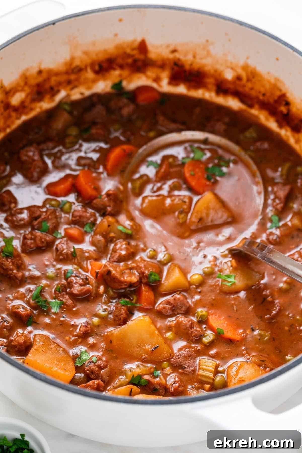 Hearty Vegan Beef-Style Stew with Plant-Based Chunks 10 Vegan beef stew in a pot with a ladle.