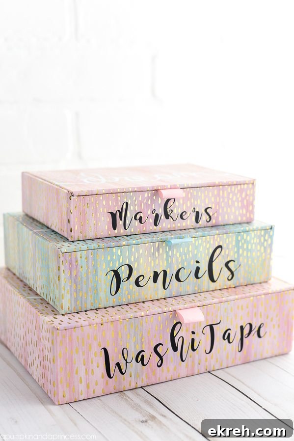 DIY Desk Organizer Ideas to Declutter Your Workspace 4 DIY Desk Organizers – keep your office and school supplies organized with vinyl labeled gold foil boxes