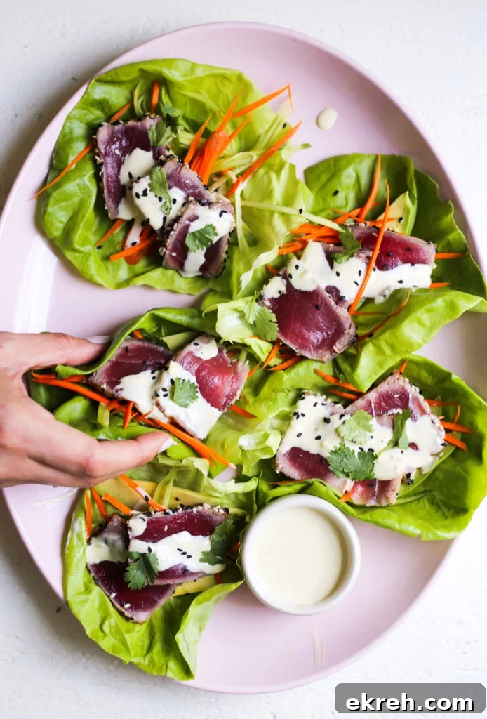 Seared Tuna Lettuce Cups with Wasabi Aioli Recipe 2 Seared Tuna Lettuce Cups
