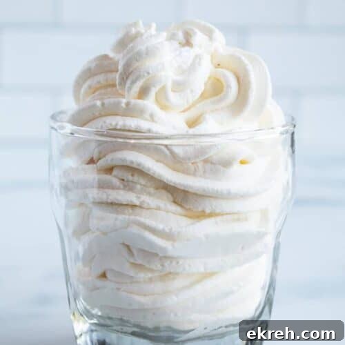 3-Ingredient Keto Whipped Cream Recipe 13 clear glass with piped keto whipped cream inside