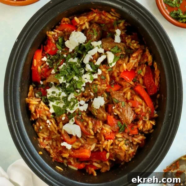 A slow cooker pan filled with Lamb Orzo Stew with feta cheese sprinkled over the top.