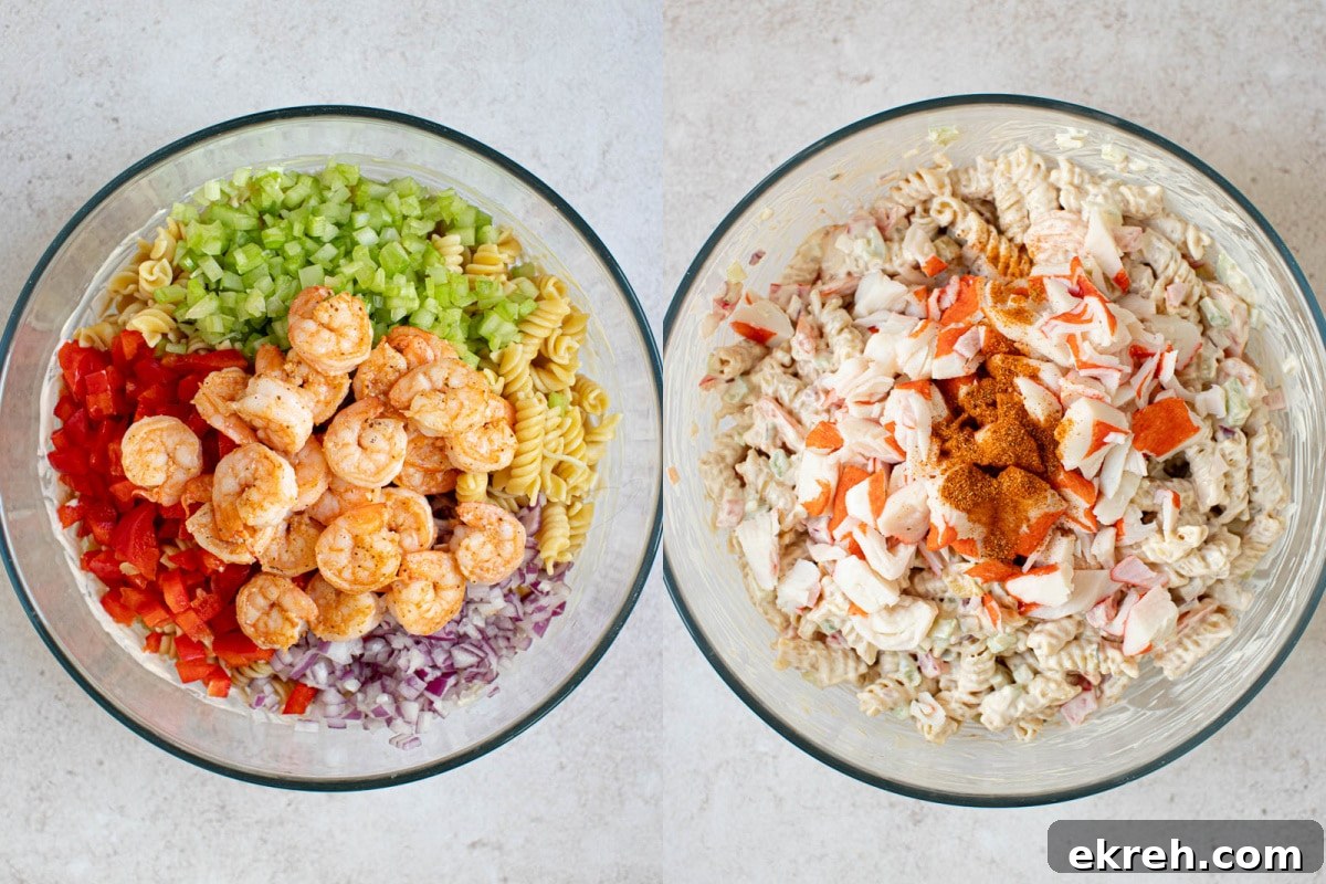 Shrimp and Calamari Seafood Salad with Lemon Vinaigrette 3 All of the ingredients for seafood salad in a bowl before mixing.