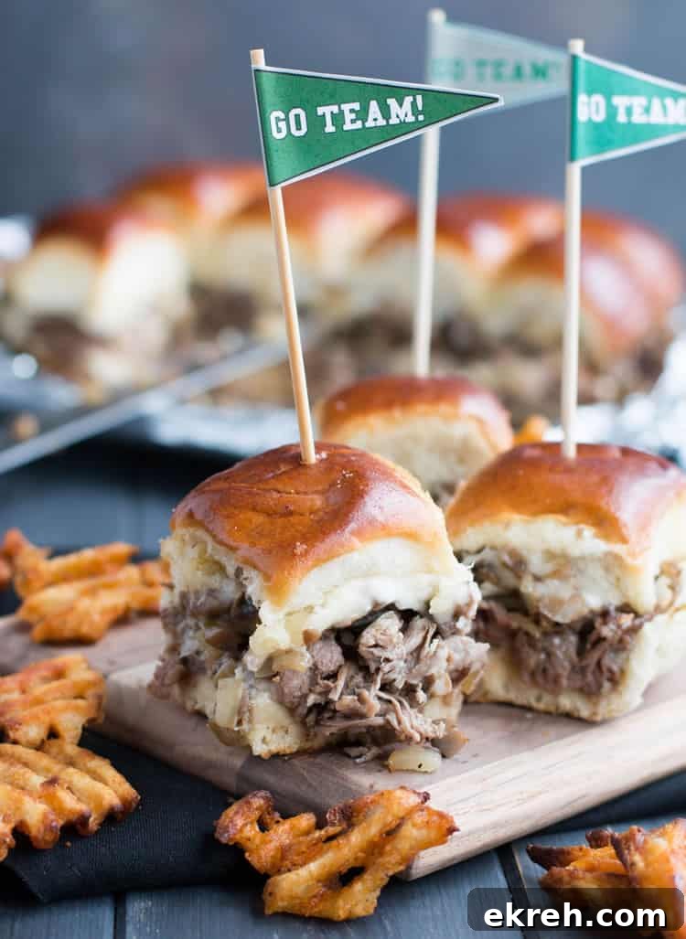 Philly Cheesesteak Sliders with Free Printable Recipe Card 2 Philly Cheesesteak Sliders. Tender shaved steak, fried onions and mushrooms, melty cheese and a buttery toasted bun make these sliders a delicious choice for game day. Free printable pennants make them fun!