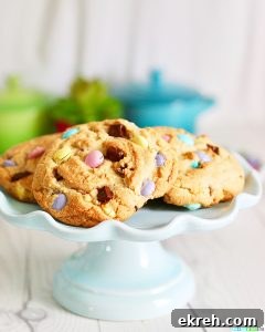Giant Chocolate Chip M & M Cookies on cake plate