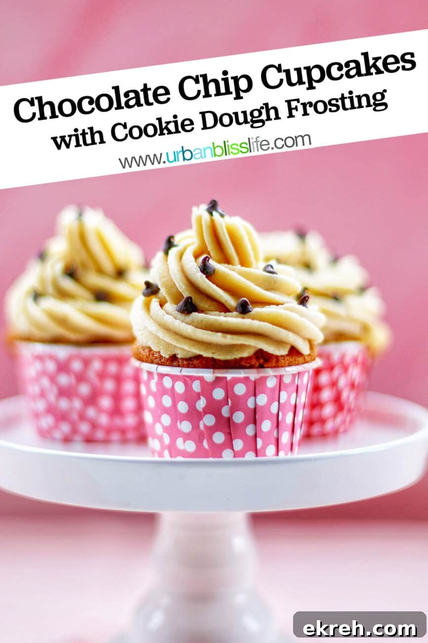 Chocolate Chip Cupcakes with Cookie Dough Frosting Recipe 20 Chocolate Chip Cupcakes with Cookie Dough Frosting on white cake pedestal with pink background and title text