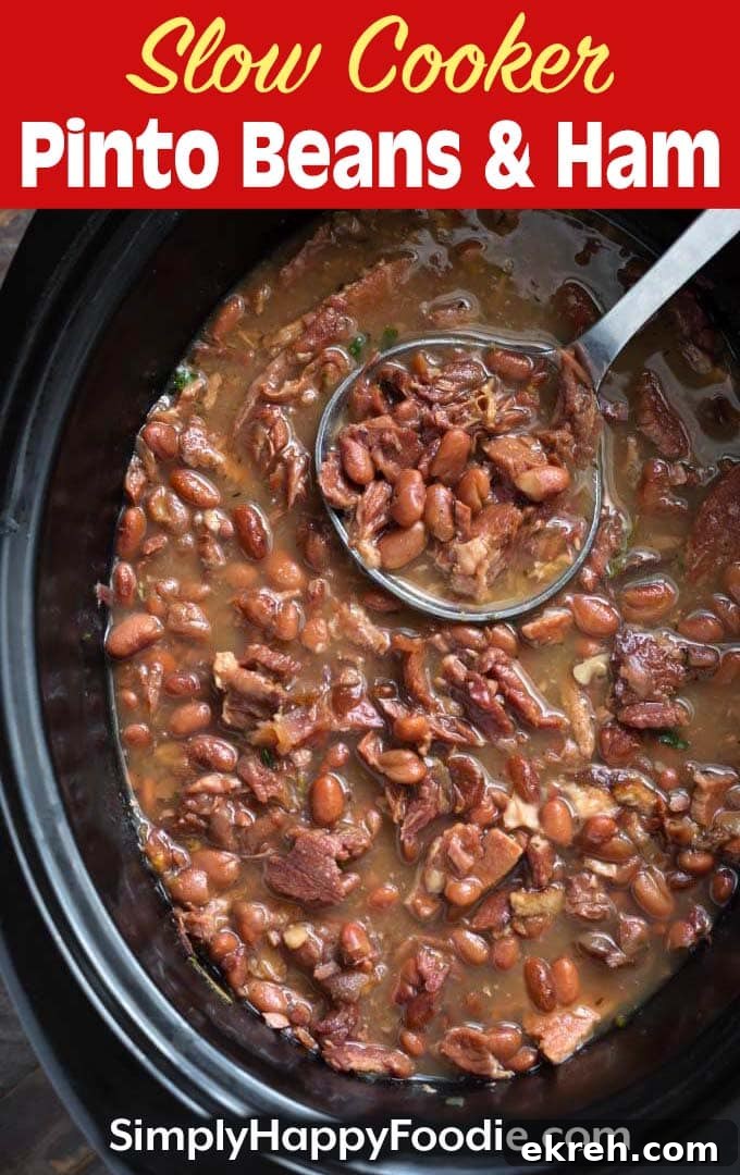 Slow Cooker Pinto Beans and Ham with title and Simply Happy Foodie.com logo