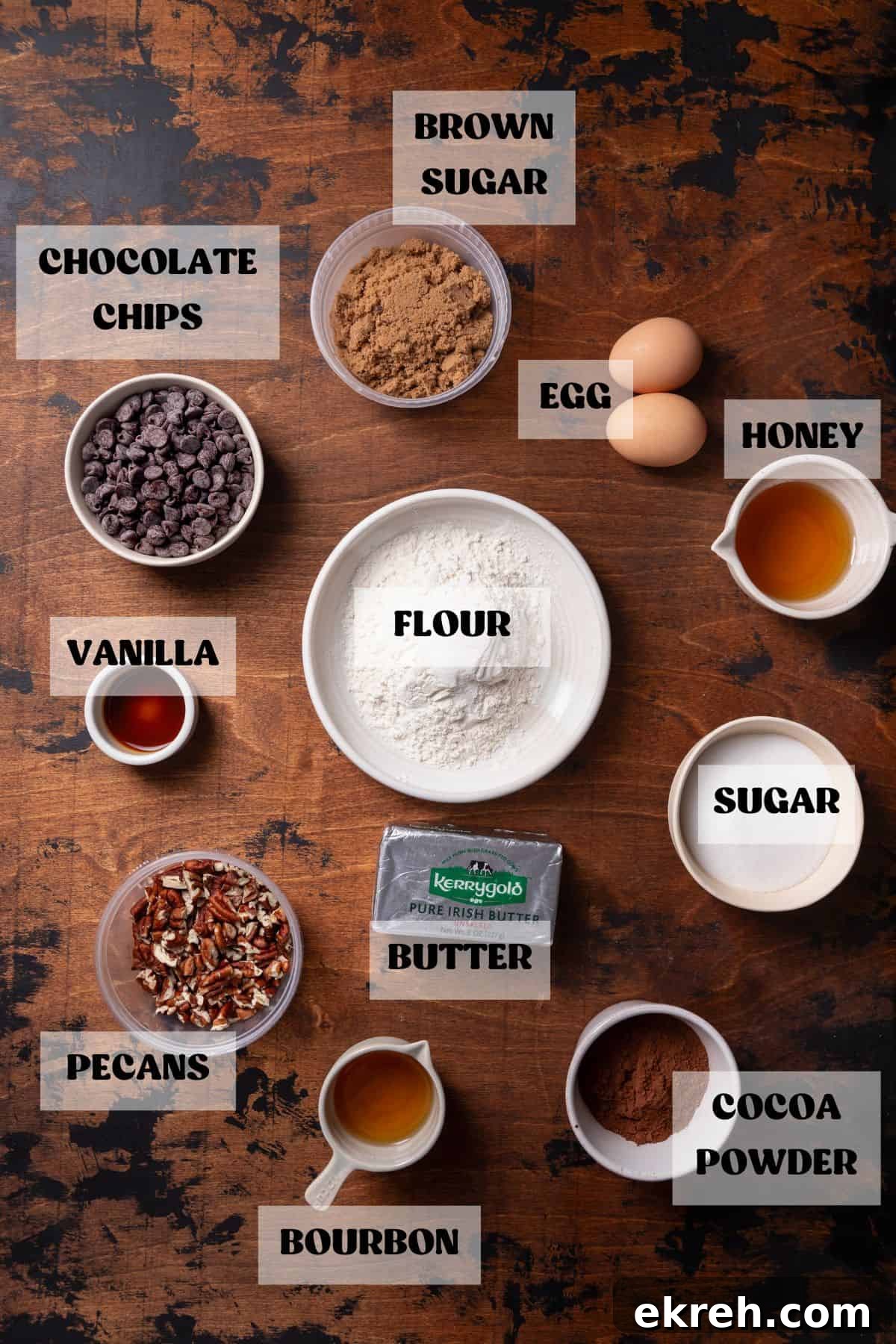 Ingredients needed to make brownies with pecan pie topping.