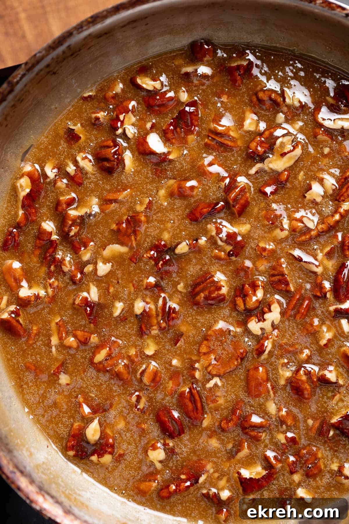 The pecan pie filling after adding the pecans.
