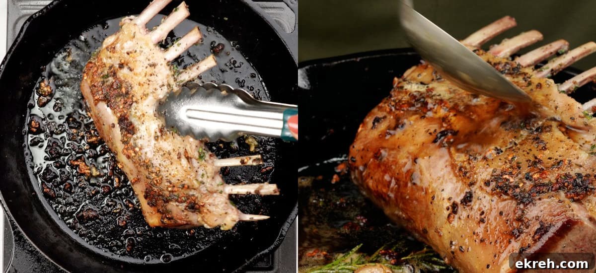 Sear marinated lamb and bast with garlic rosemary butter. 