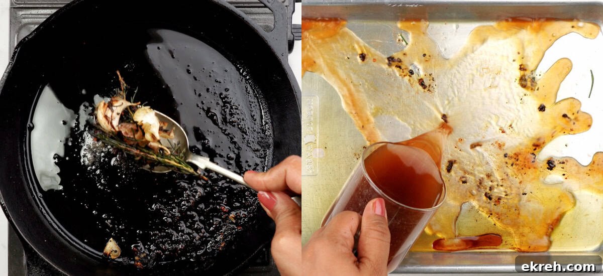 Deglaze the baking tray and collect all the drippings  