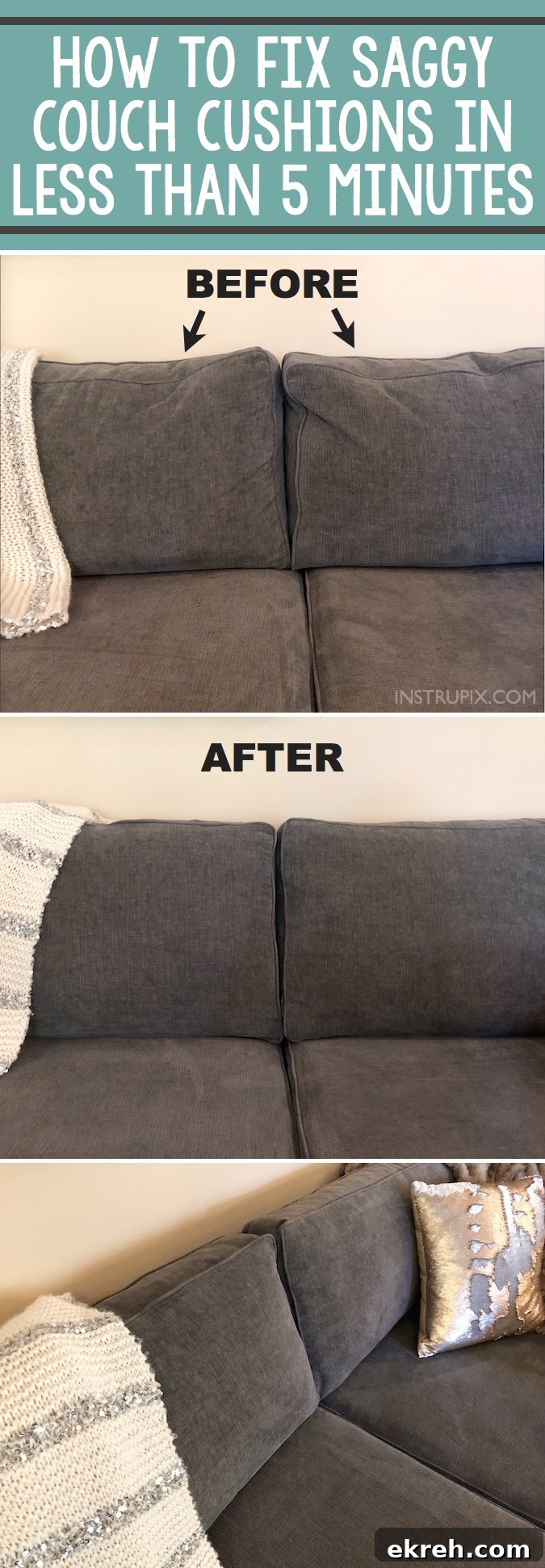 Home Tip -- How to easily fix sagging couch cushions in less than 5 minutes! This DIY trick will make your couch pillows look brand new! A life hack every girl should know. Instrupix.com