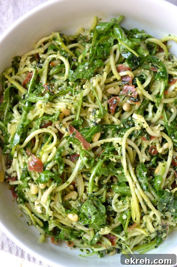 Pesto Salad with Zoodles, Pine Nuts & Prosciutto | Every Last Bite Pesto Salad with Zoodles, Pine Nuts & Prosciutto