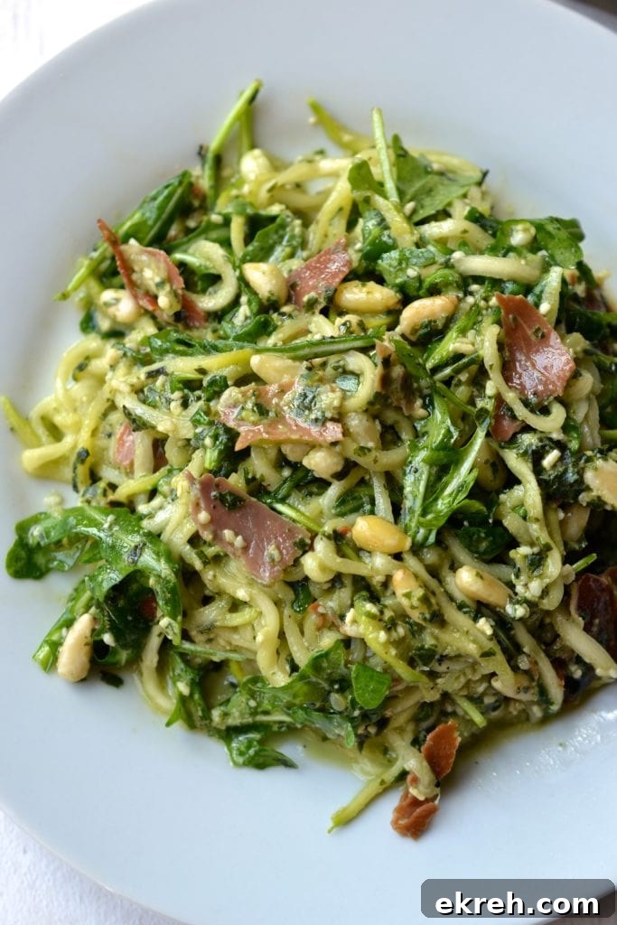 Pesto Salad with Zoodles, Pine Nuts & Prosciutto | Every Last Bite Pesto Salad with Zoodles, Pine Nuts & Prosciutto
