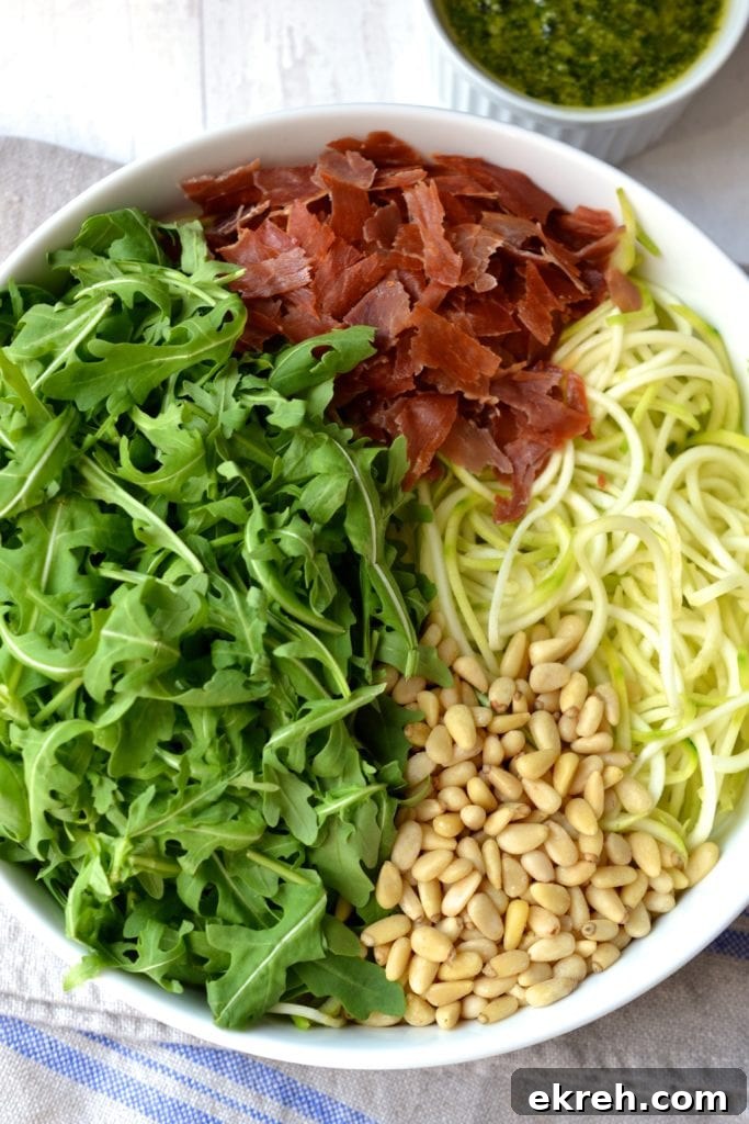 Pesto Salad with Zoodles, Pine Nuts & Prosciutto | Every Last Bite Pesto Salad with Zoodles, Pine Nuts & Prosciutto