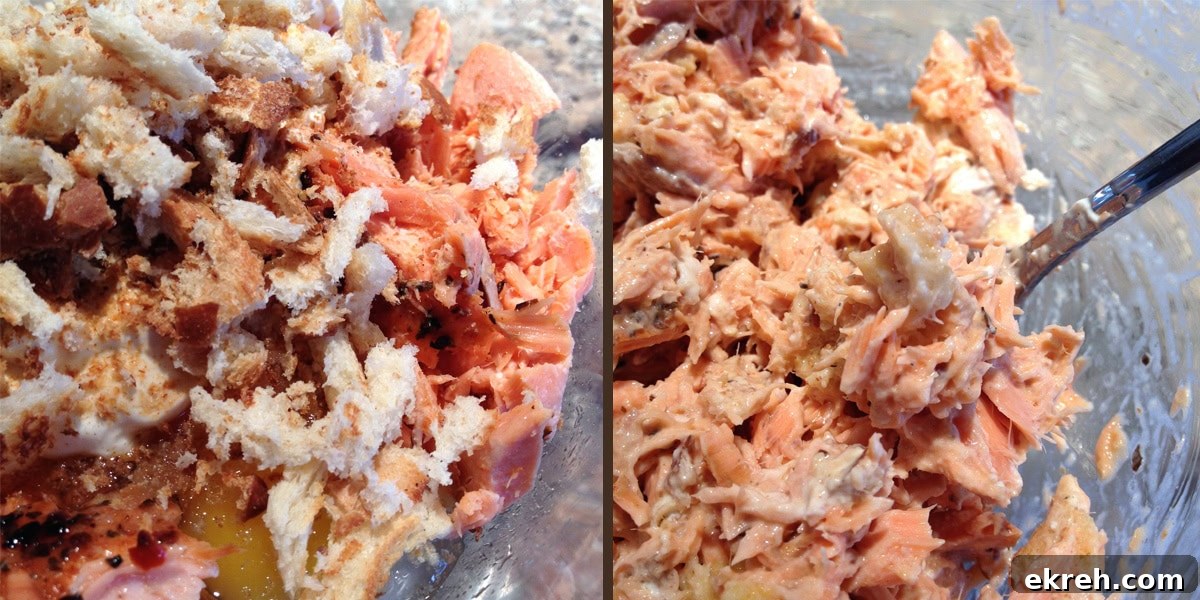 mixing salmon in a bowl.