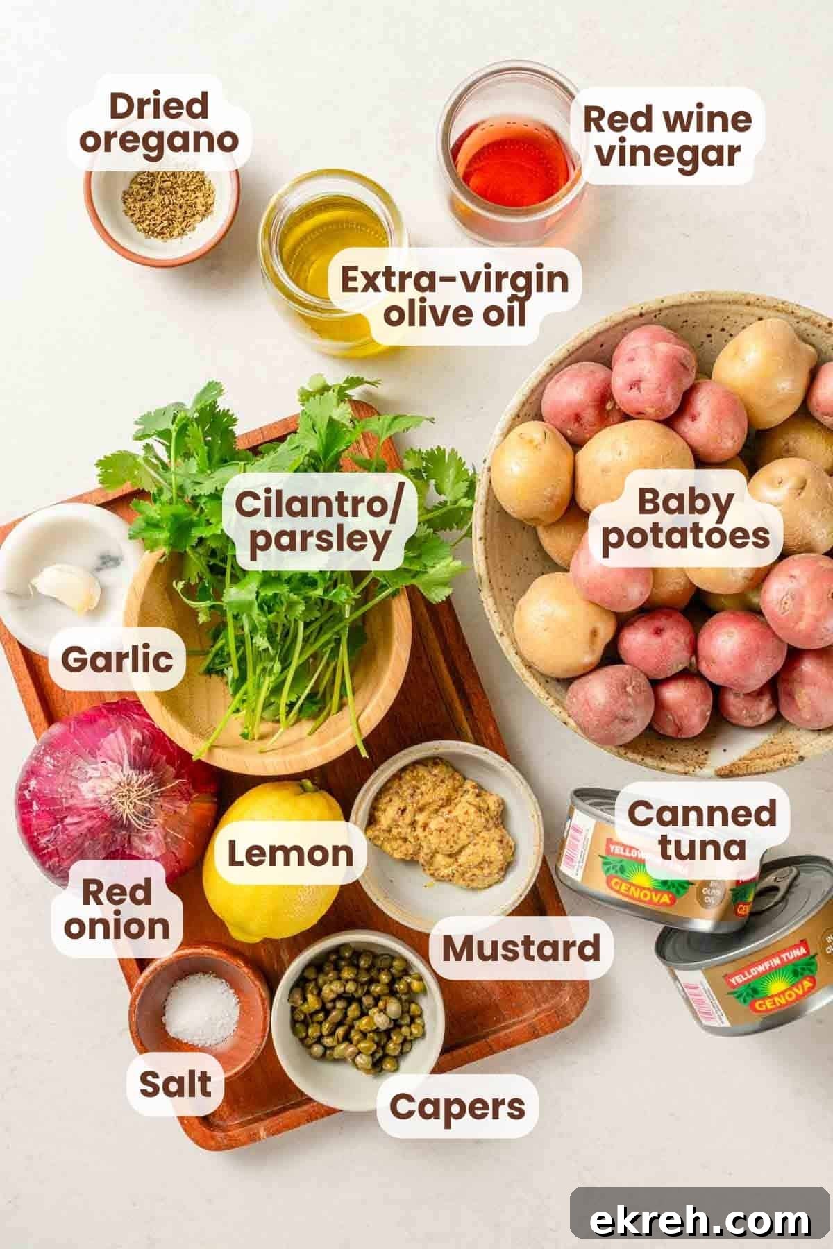 Classic Tuna and Potato Salad Recipe 3 ingredients for tuna potato salad with text labels.