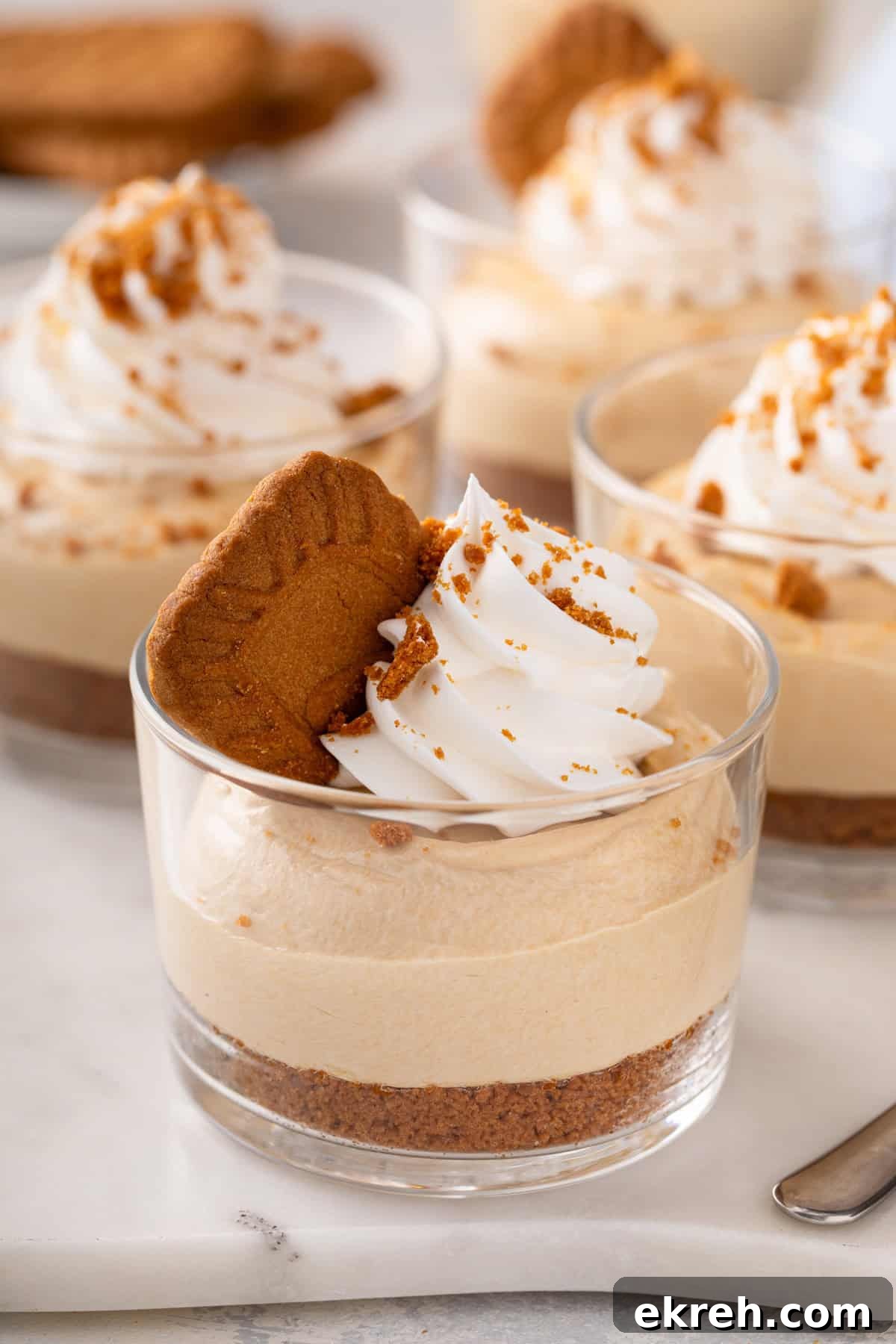 Close up of a glass ramekin filled with no-bake biscoff cheesecake and garnished with whipped cream and a biscoff cookie.