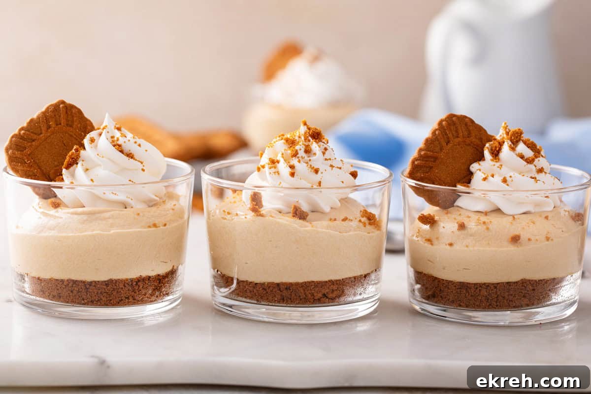 Three glass ramekins of no-bake biscoff cheesecake lined up on a marble board.