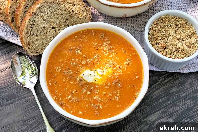 Dukkah-Spiced Roasted Carrot and Onion Soup Recipe 11 Horizontal image of a white bowl filled with a pureed orange mixture garnished with ground nuts and yogurt, next to a metal spoon, a ramekin with spices, and slices of bread.