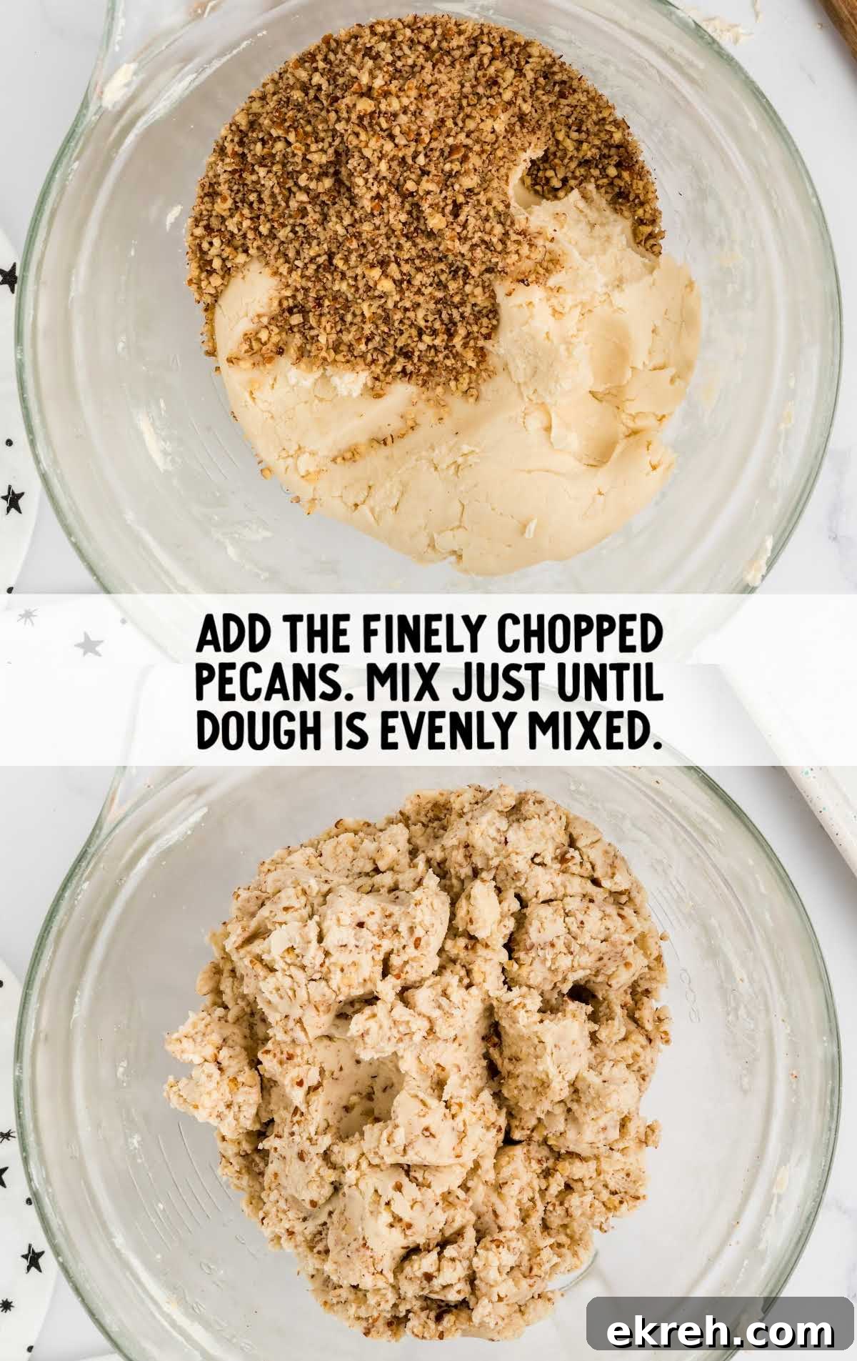 Snowball Cookies process shot of finely chopped pecans being added to the dough