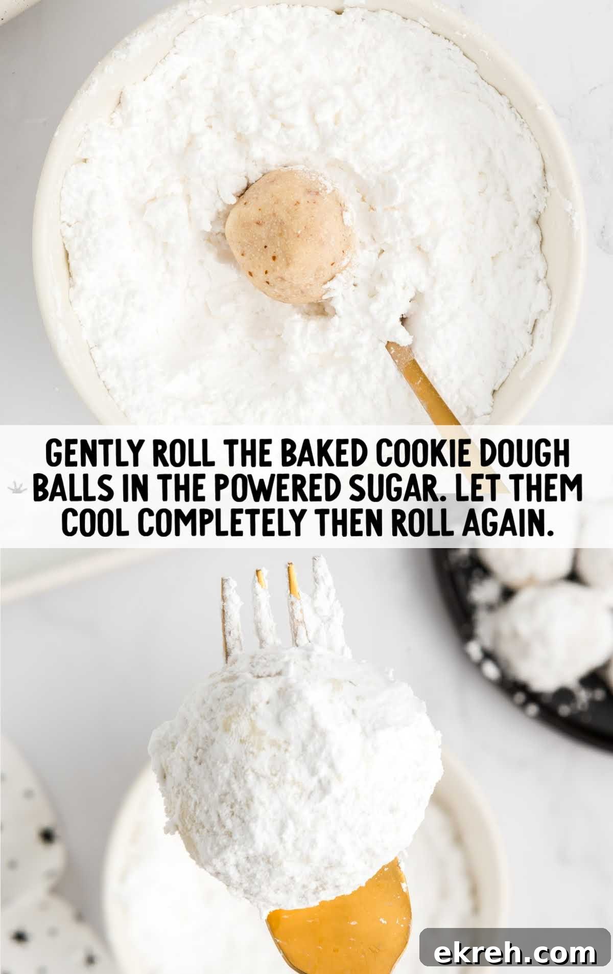 Snowball Cookies process shot of cookie dough balls being rolled into powdered sugar