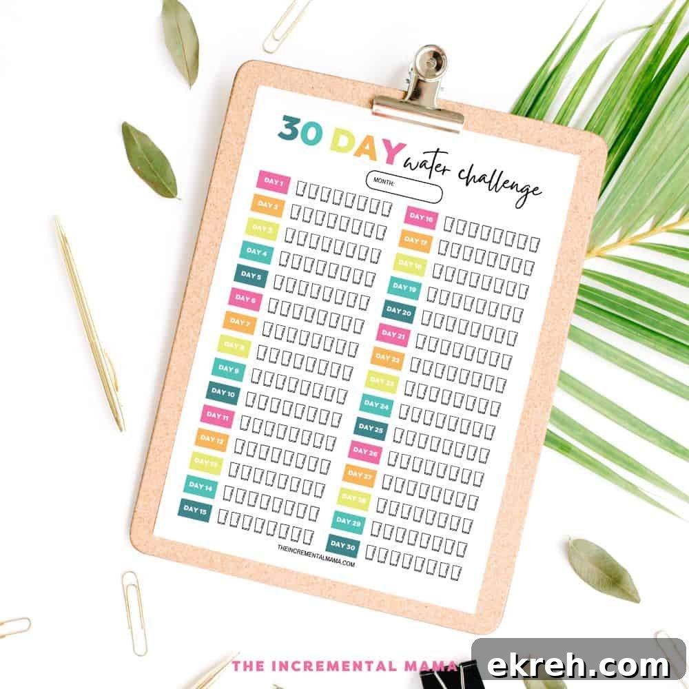 free printable water challenge chart on clipboard