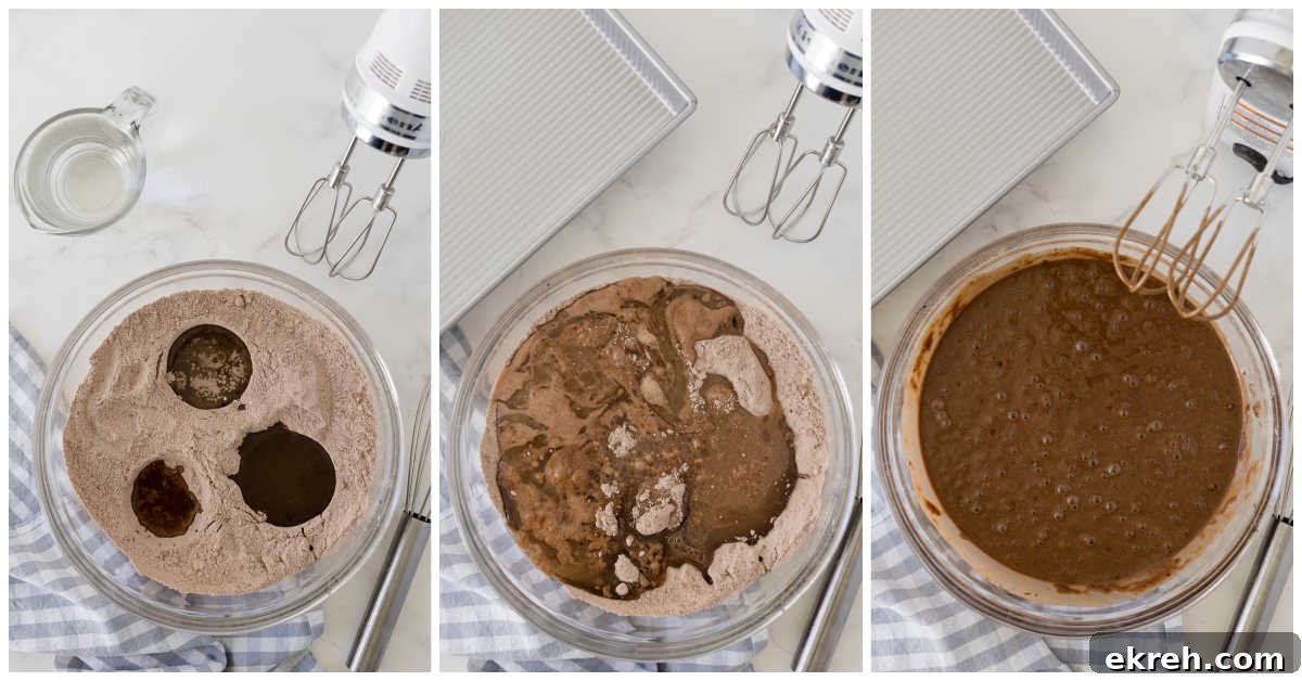 Wet ingredients being added to dry ingredient bowl.