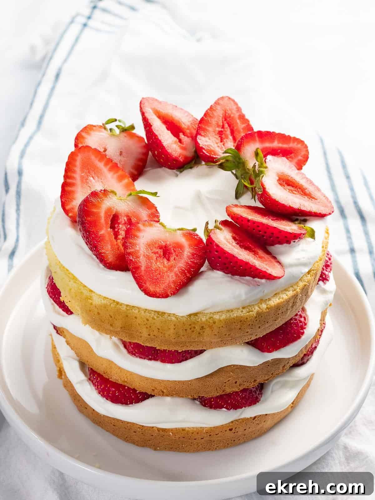 Fresh strawberry cake layered with whipped cream and vanilla cake.
