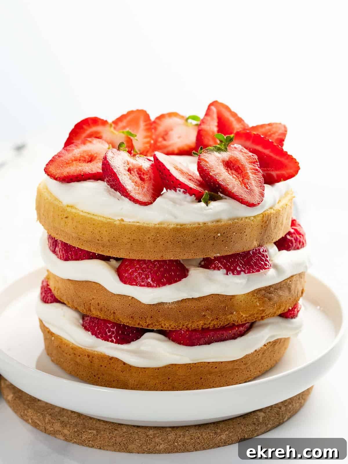 Fresh strawberry cake with fresh strawberries, whipped cream, and layered cake.