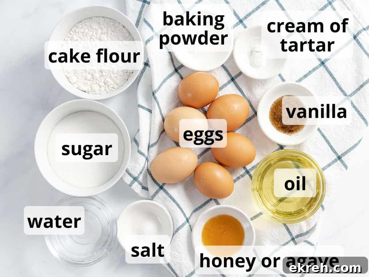 Ingredients for sponge cake with text.