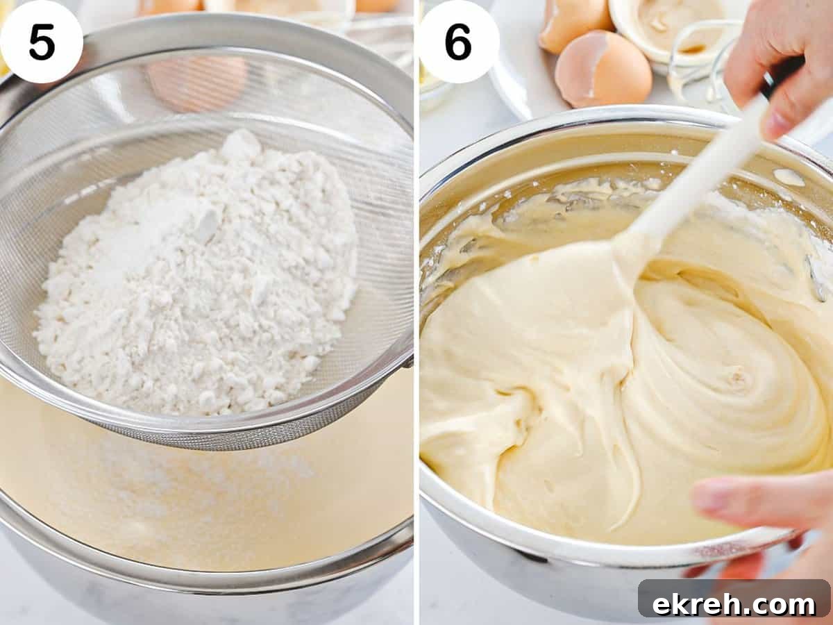 Cake flour sifted into sponge cake batter and gently folded in.