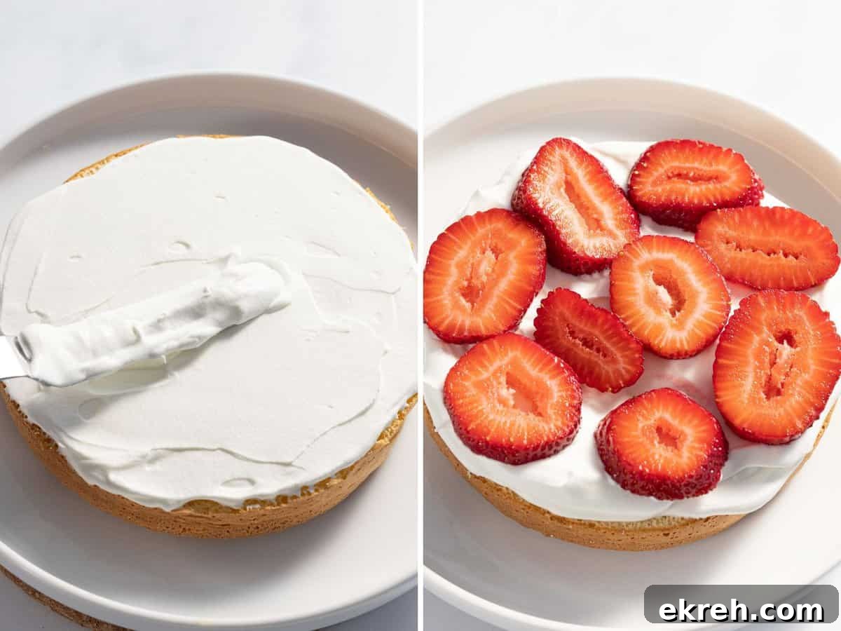 Whipped cream and strawberry slices on top of a layer of cake.