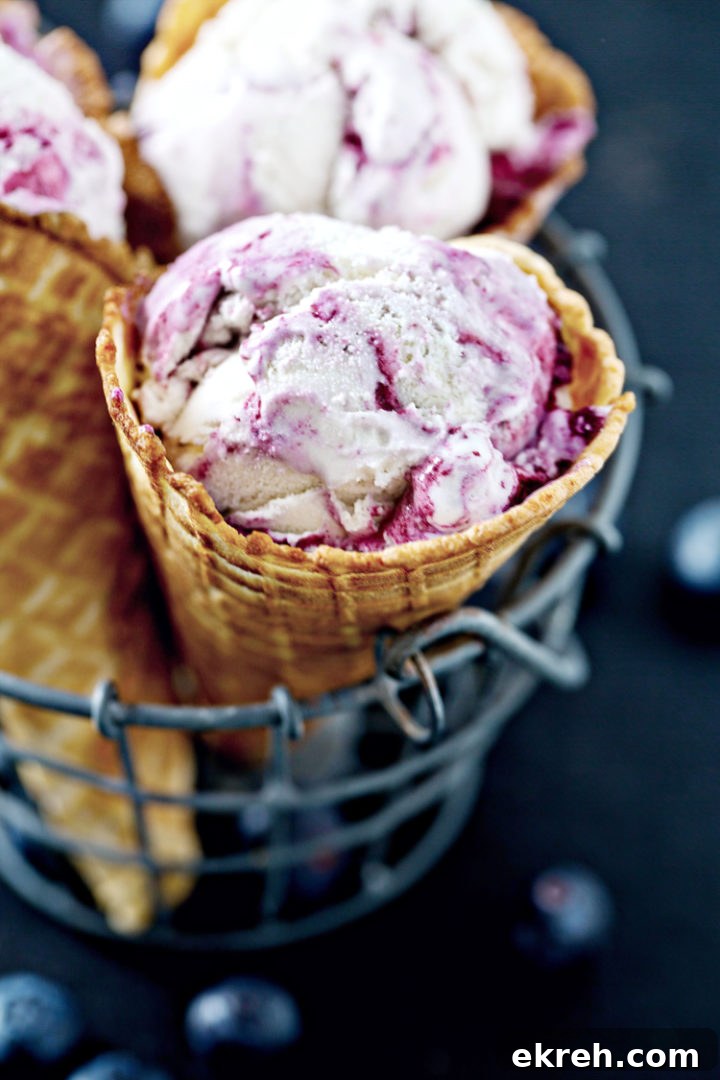 photo of blueberry cheesecake ice cream in ice cream cones