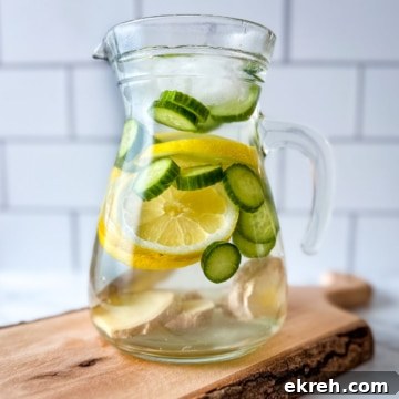 A glass pitcher filled with cucumber lemon ginger water sits on a wooden cutting board.