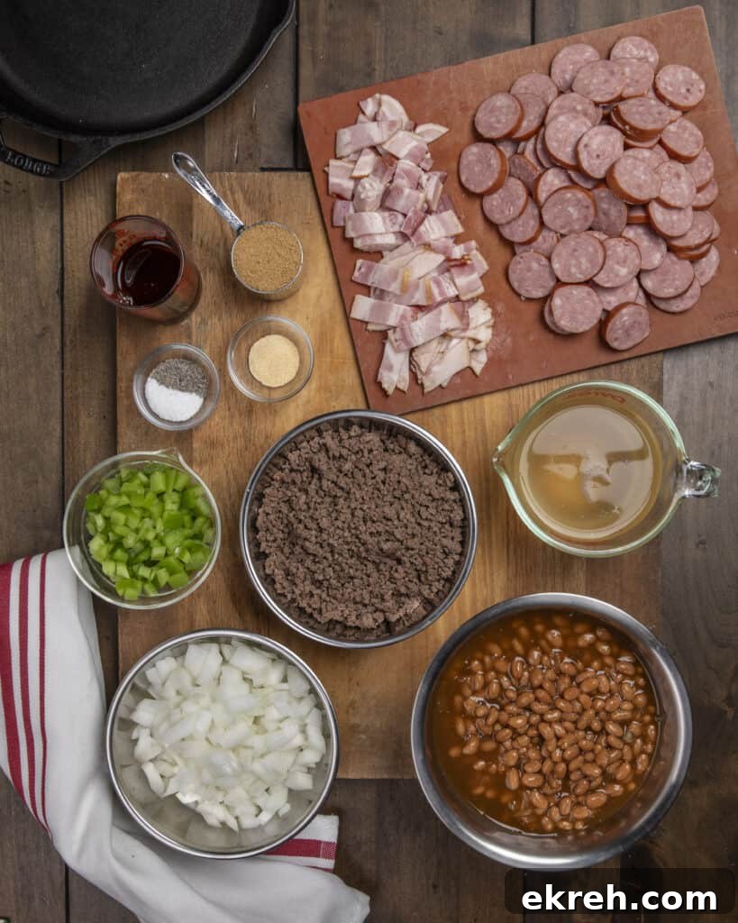 Smoky Loaded Baked Beans with Bacon and Brown Sugar 3 Ingredients prepared for loaded baked beans