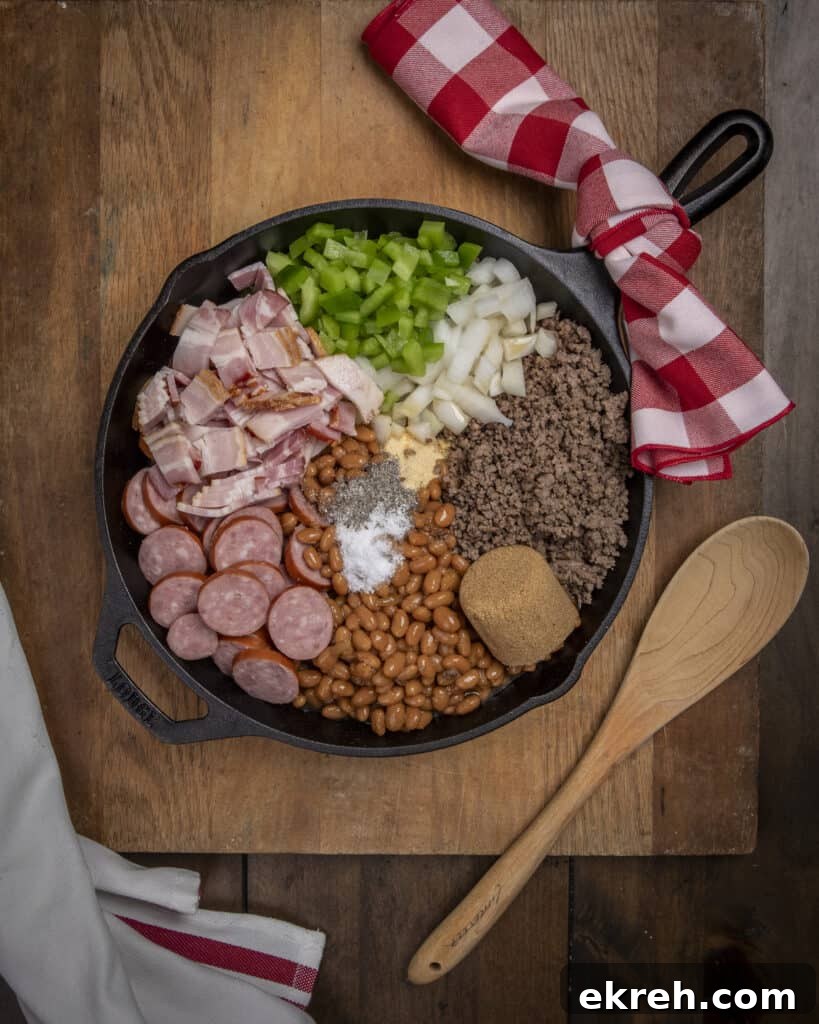 Smoky Loaded Baked Beans with Bacon and Brown Sugar 4 Cooking loaded baked beans in a skillet