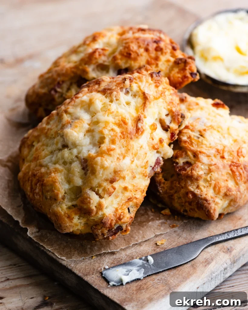 Three bacon and cheese triangular shaped scones on a cutting board with a small bowl of butter and butter knife.