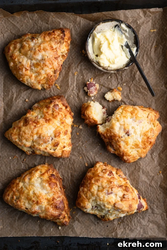 Five cheddar and bacon scones on a baking tray with one torn in half, next to a bowl of whipped butter with a knife.