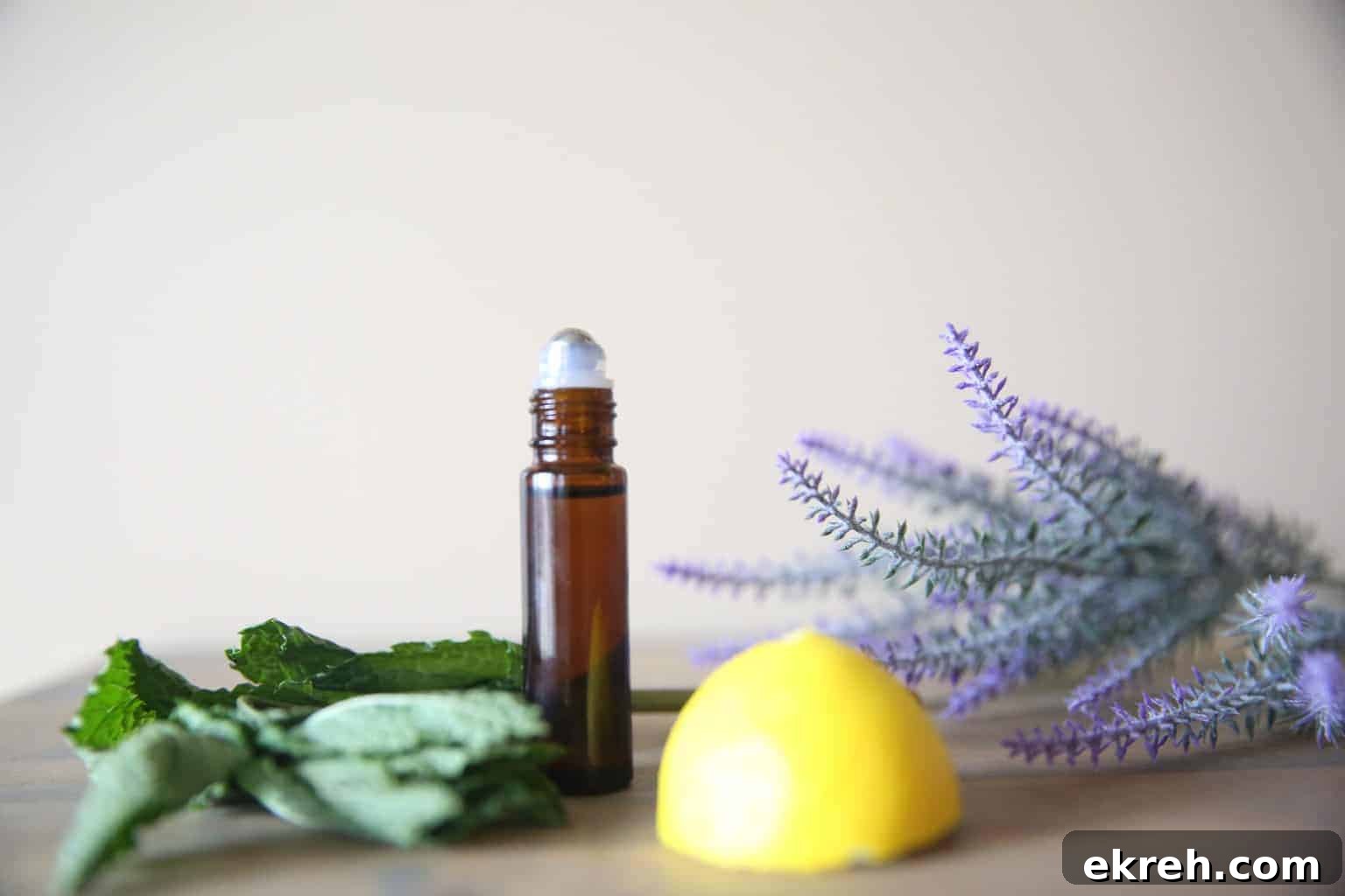 Lemon Lavender Peppermint Roller for Spring Aromatherapy 2 10mL amber colored roller bottle with lemon lavender and peppermint.