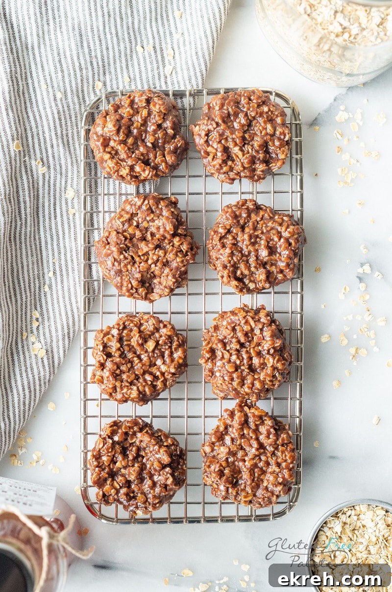 top down view of gluten-free no bake cookies on a wire rack