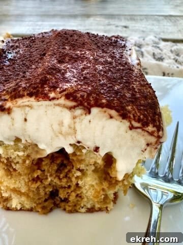 A serving of tiramisu cake on a plate with a fork.