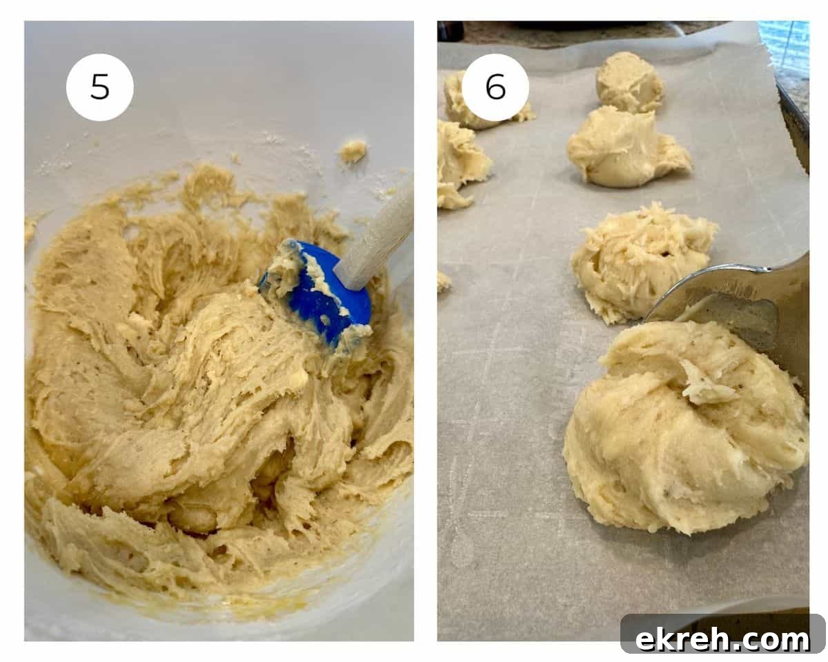 Sour cream cookie dough in a bowl and on a baking sheet.