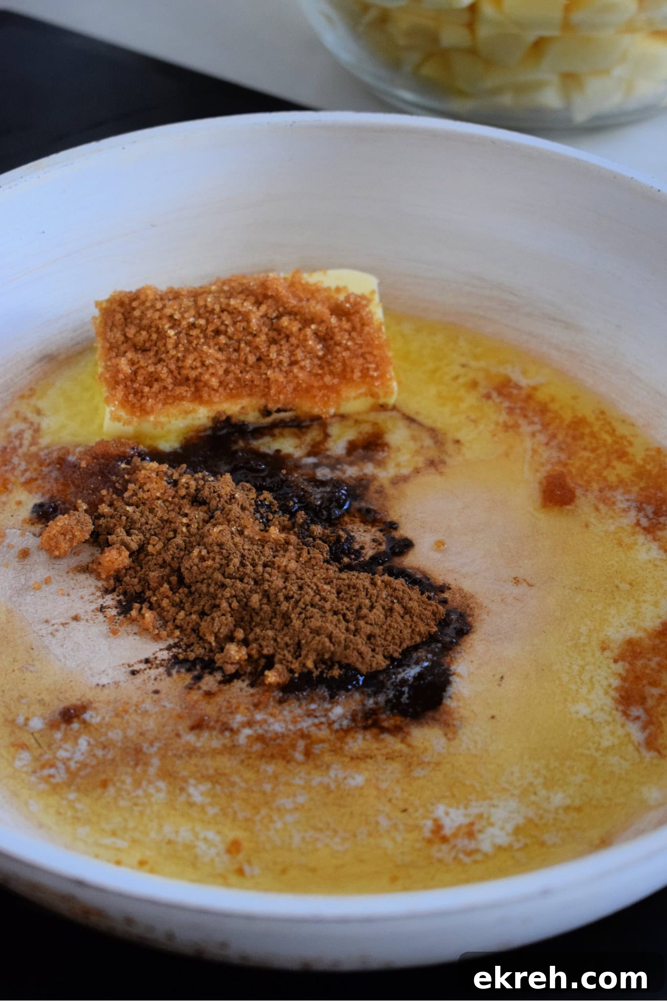 Brown sugar and butter in a skillet.