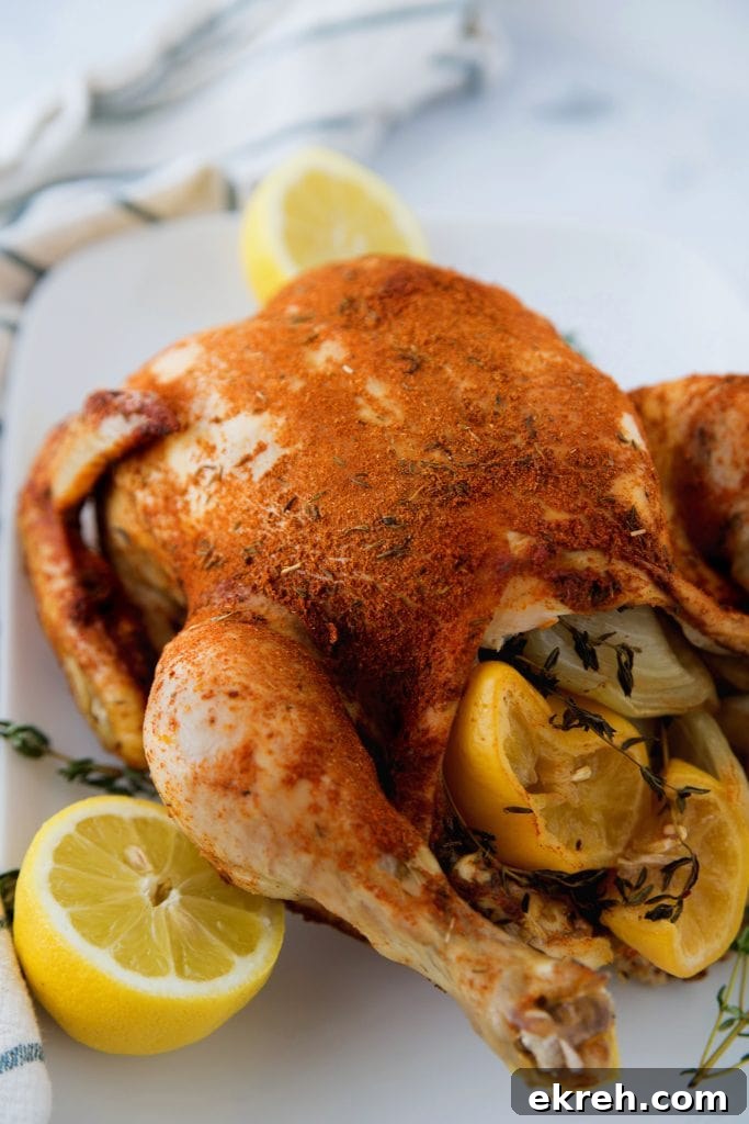 A cooked Whole Chicken made in the Instant Pot sitting on a white plate next to cut lemons and fresh thyme