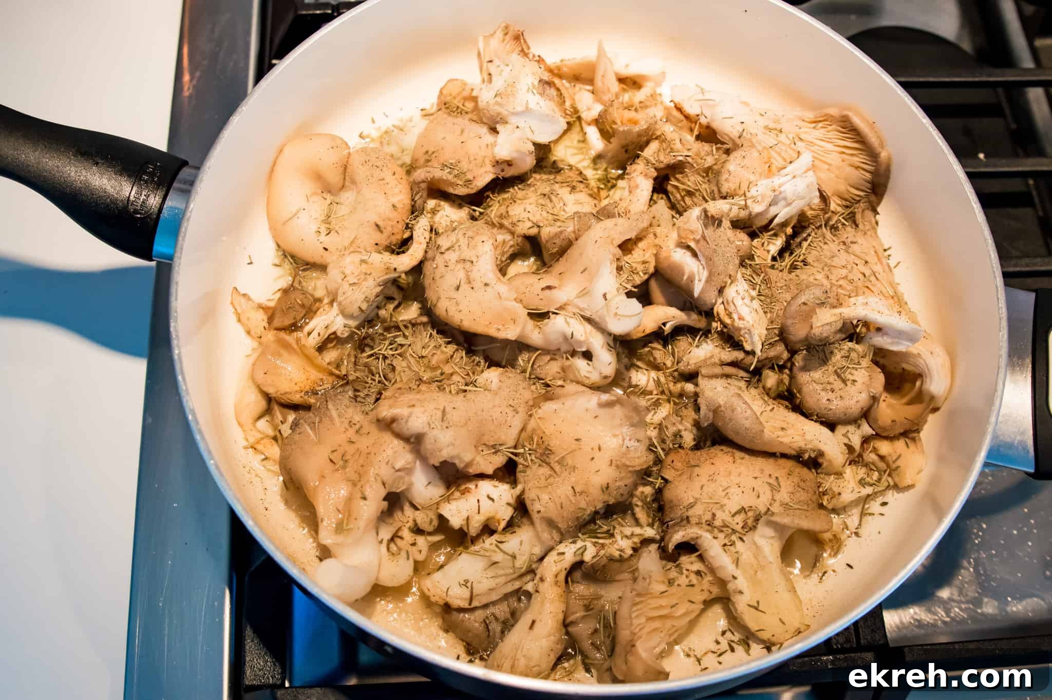 A pan on the stovetop filled with oyster mushrooms and spices.