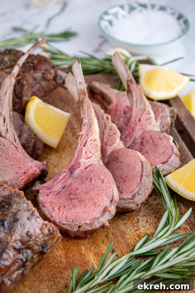 A few pieces of cut grilled rack of lamb on a wooden cutting board showing off the rosy interior color of the grilled lamb meat.