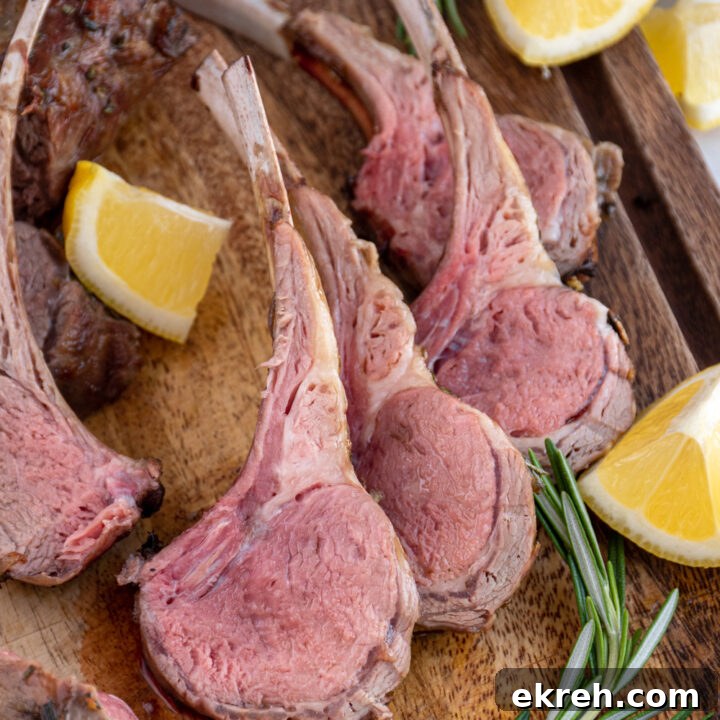 Cut grilled rack of lamb leaning against each other showing of the pink interior lamb meat.