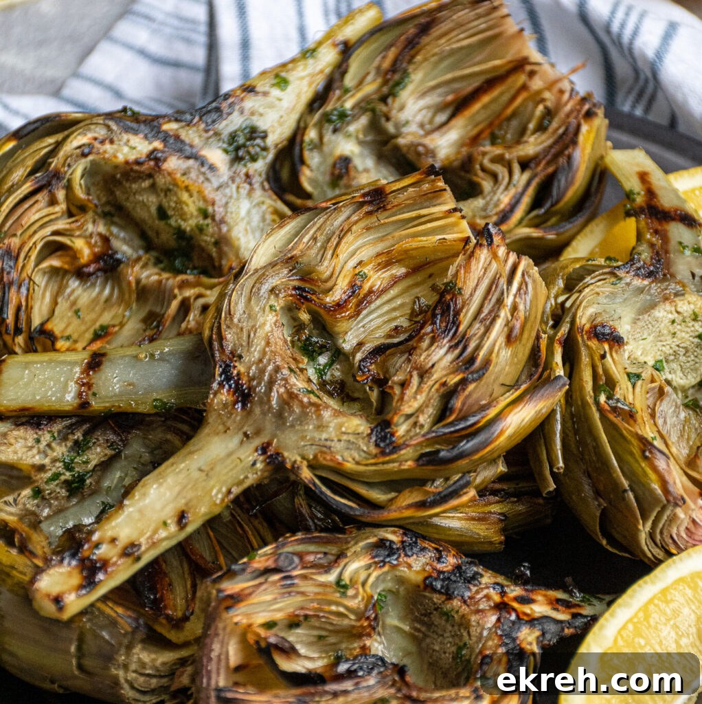 A platter of grilled artichokes with a half of an artichoke on top showing off charred grill marks.